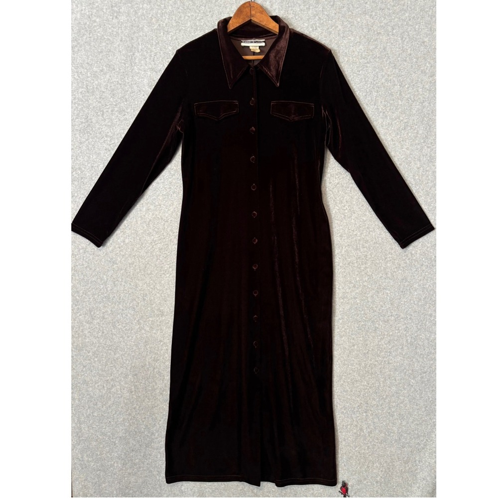 Maggy Studio Women's 10 Velvet Maxi Dress Brown Long Sleeve Button Front Vtg 90s